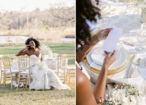 bride looking at wedding tablescape