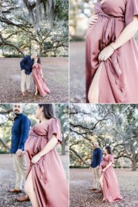 maternity session with dark pink dress