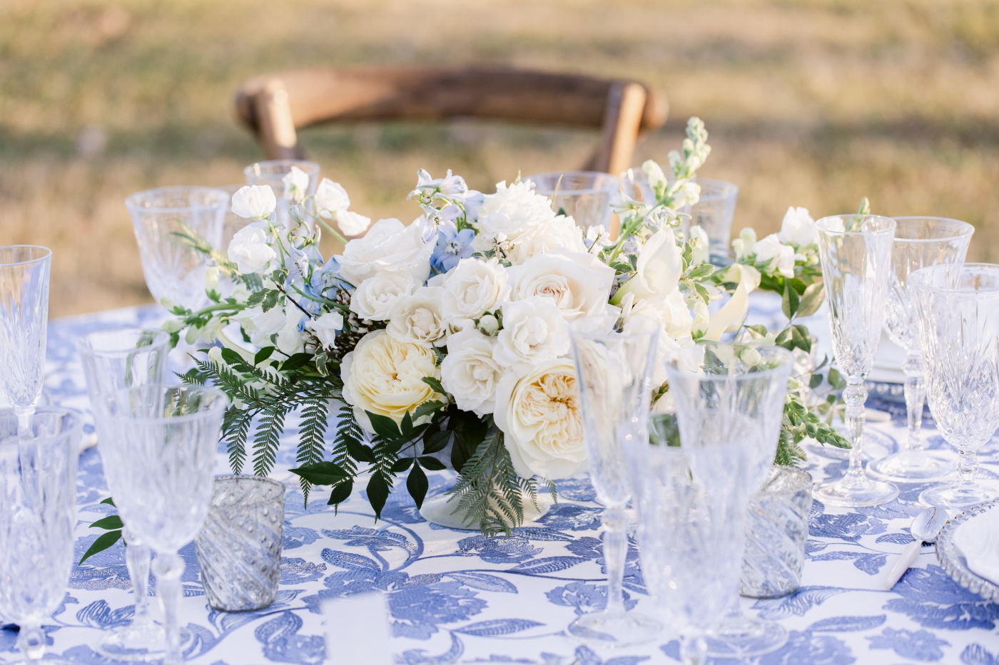 white and blue table settings