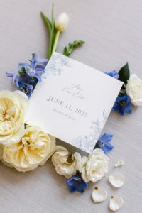 blue and white wedding stationery