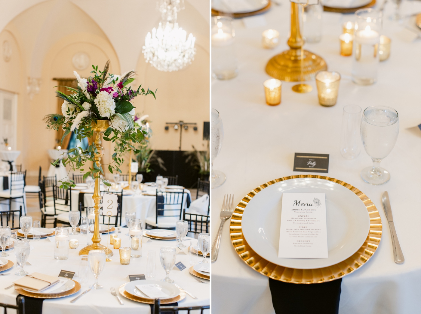 wedding reception with black and gold details