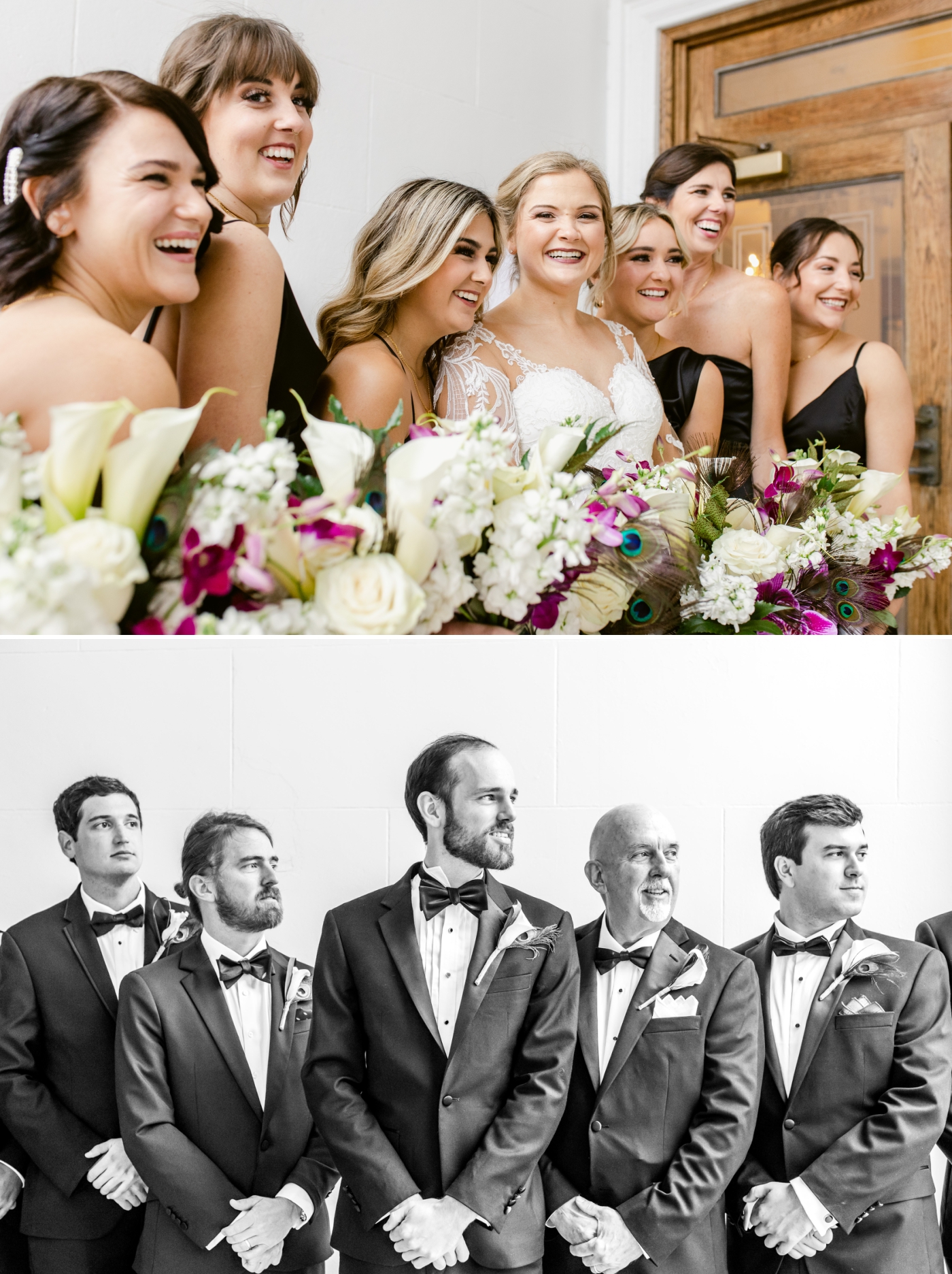 bridal party with white and pink bouquets