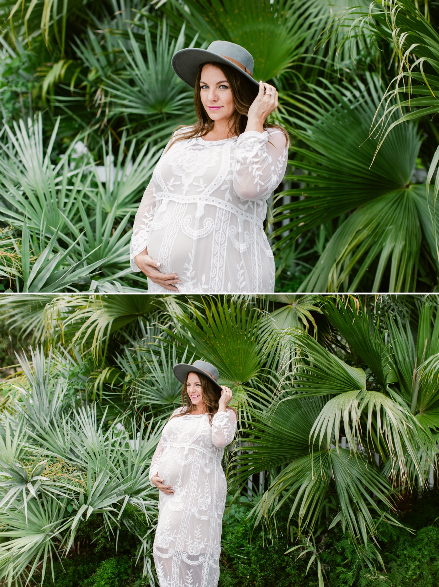 maternity session in white gown and gray hat