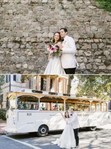bride and groom traveling in trolley