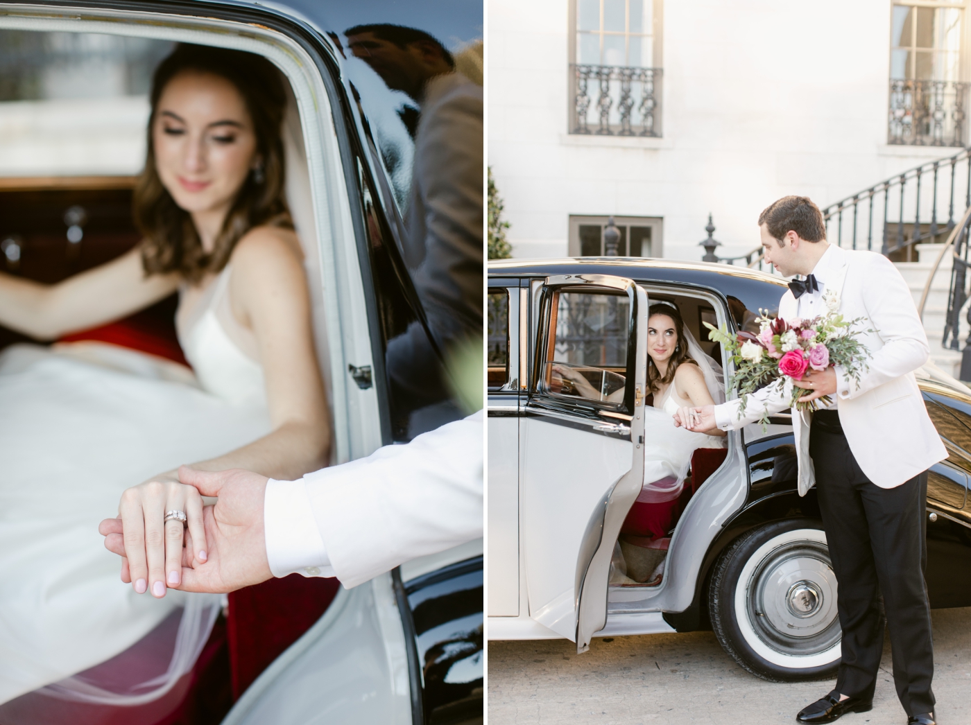 bride and groom with classic car