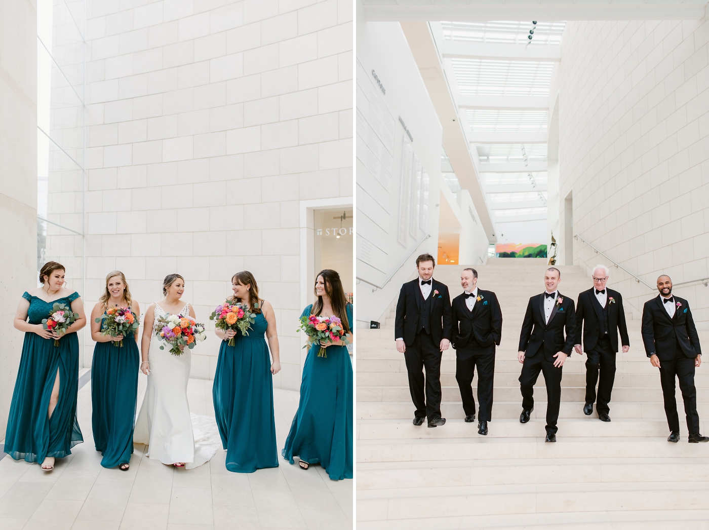 bridesmaids in teal gowns