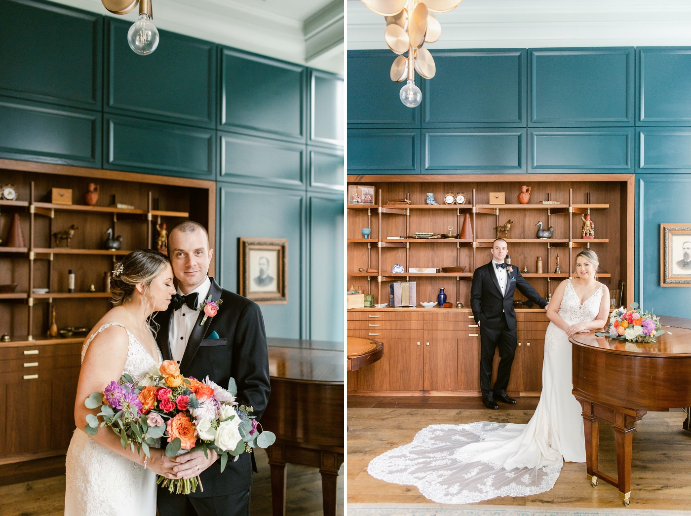 bride and groom portraits in library