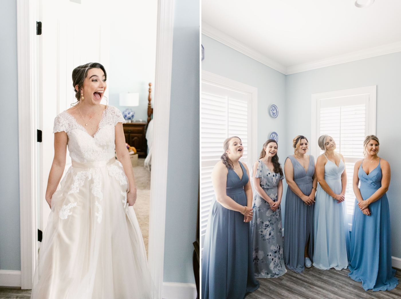 bride revealing herself to her bridesmaids