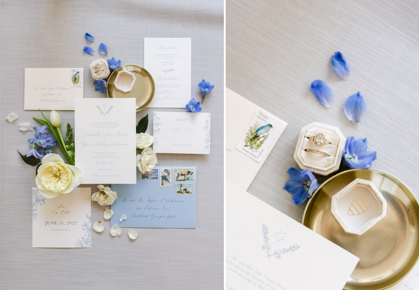 white and blue wedding stationery