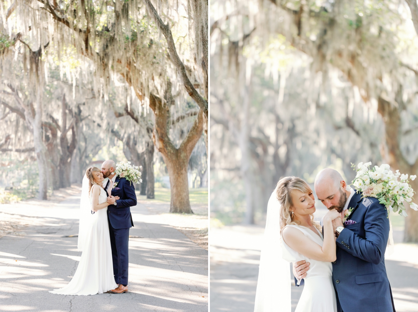 bride and groom under Savannah oak trees