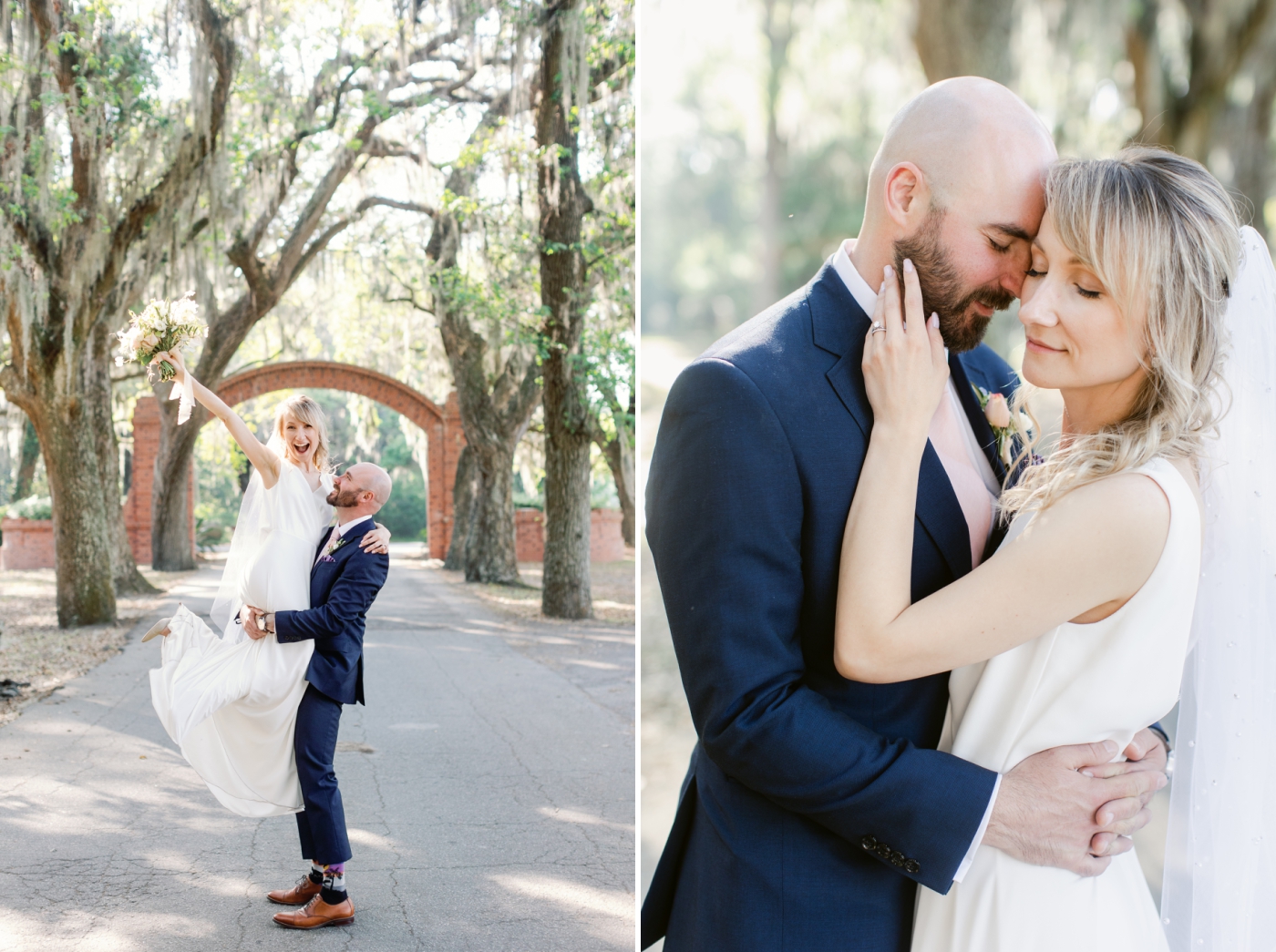 bride and groom under Savannah oak trees