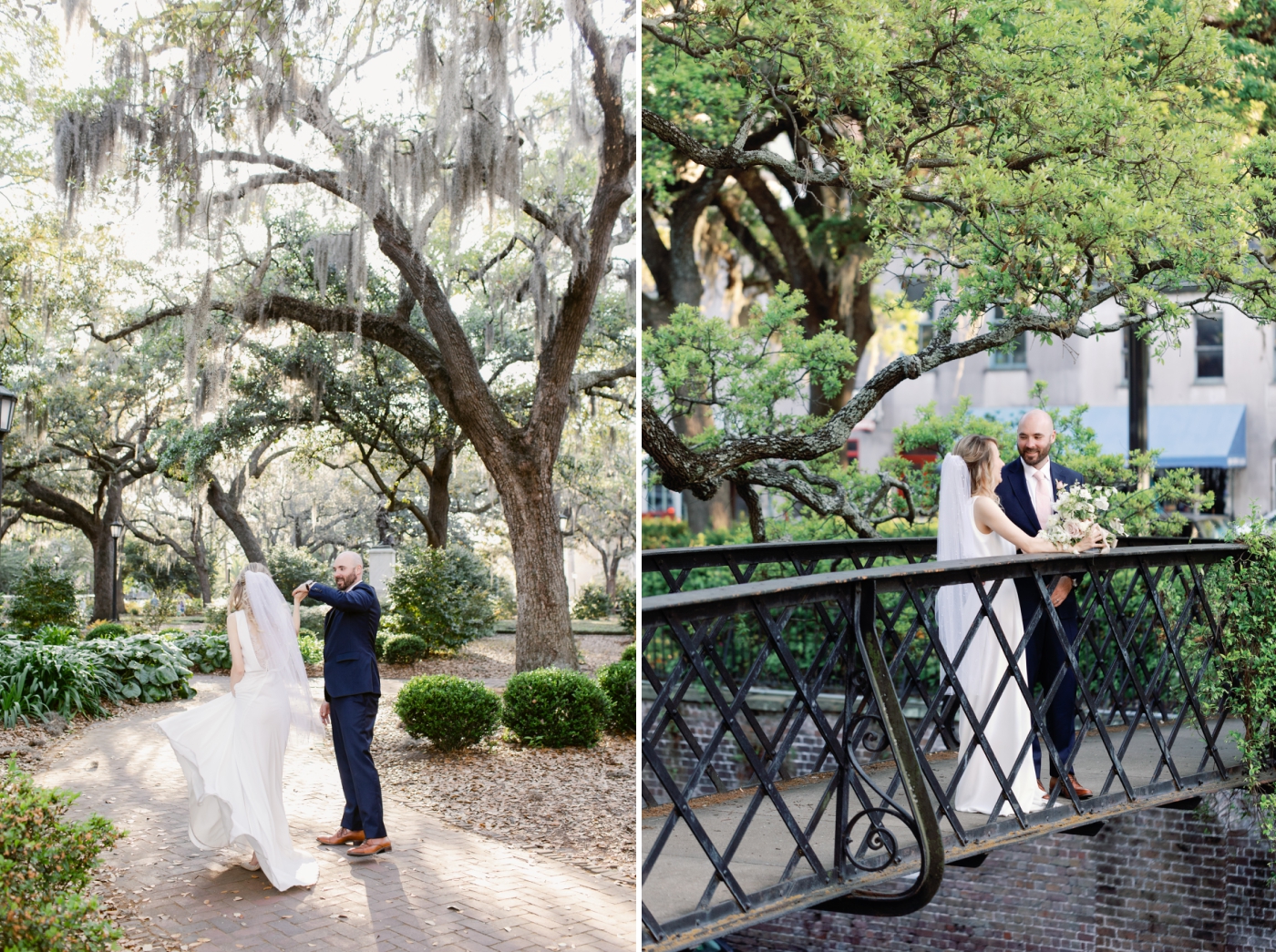 bride and groom portraits in Savannah park