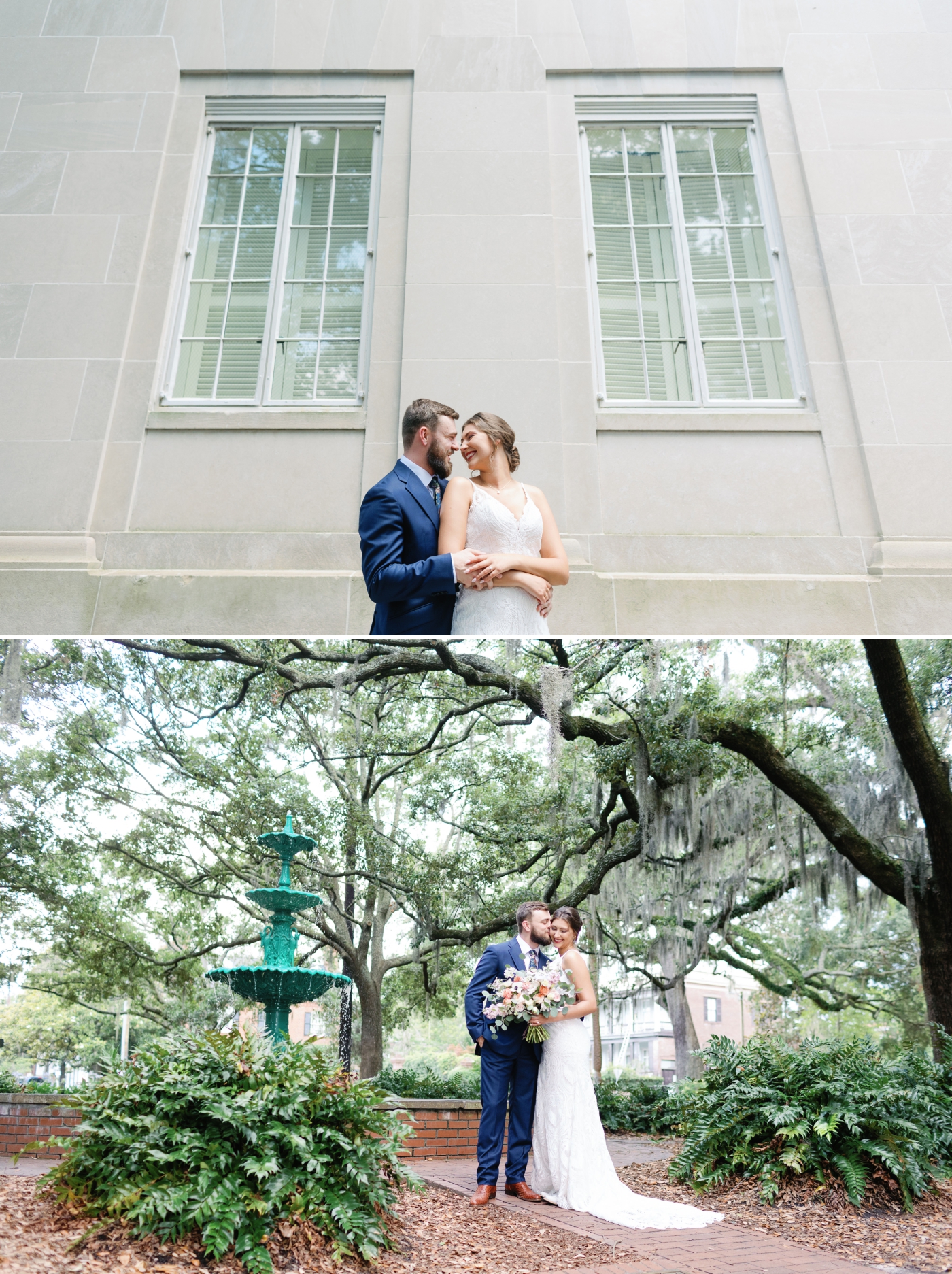 bride and groom portraits in Downtown Savannah