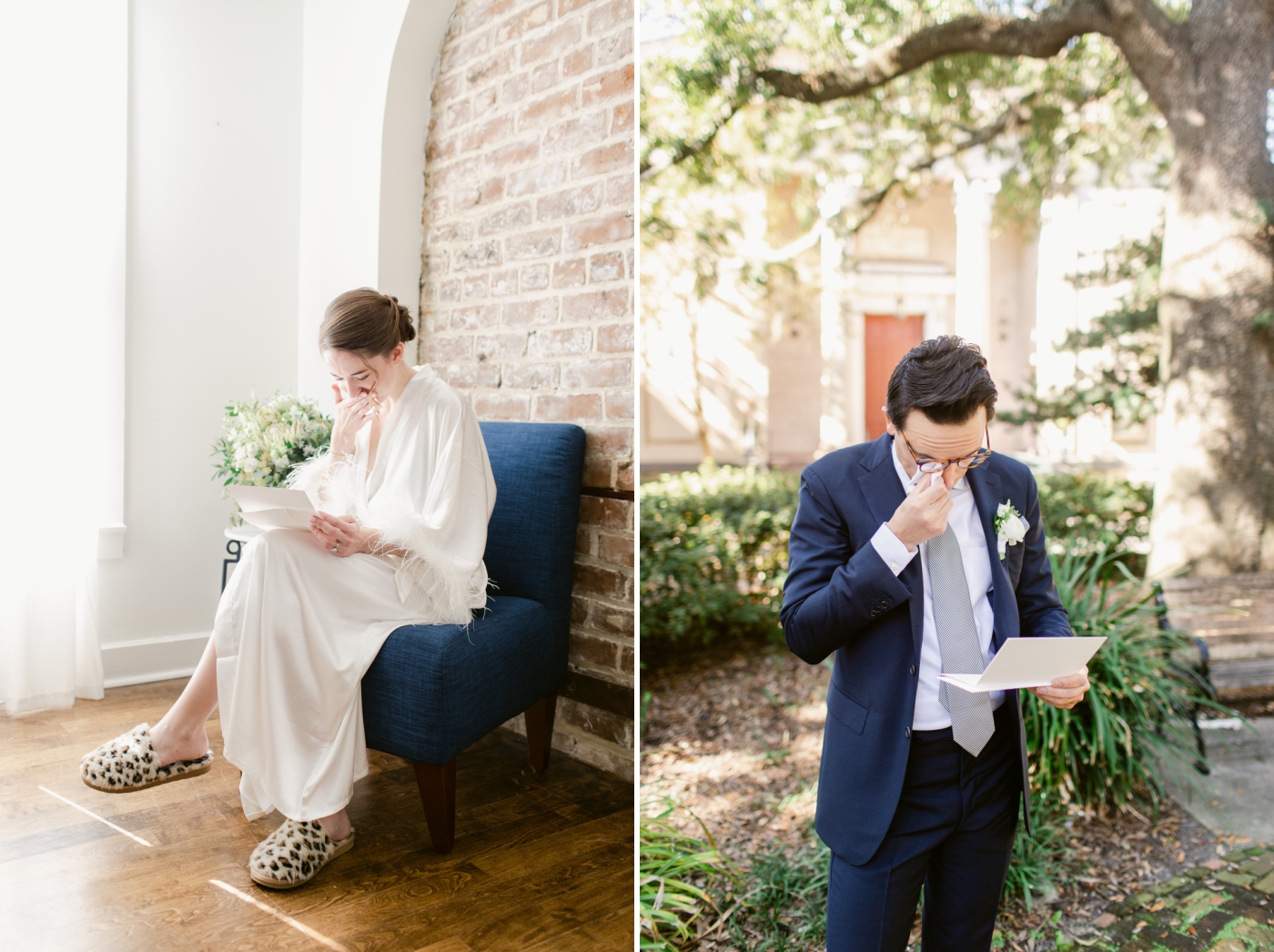 bride and groom reading letters to each other