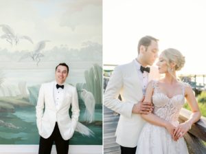 Luxury Sea Island wedding, with the groom in a white tuxedo jacket