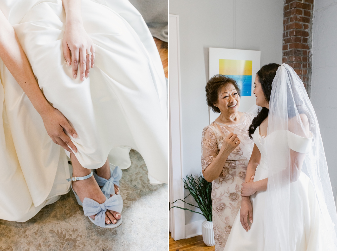 Bride putting on baby blue Loeffler Randall heels
