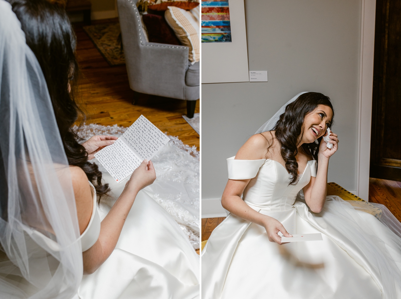 Bride reading a letter from her husband before her Savannah wedding
