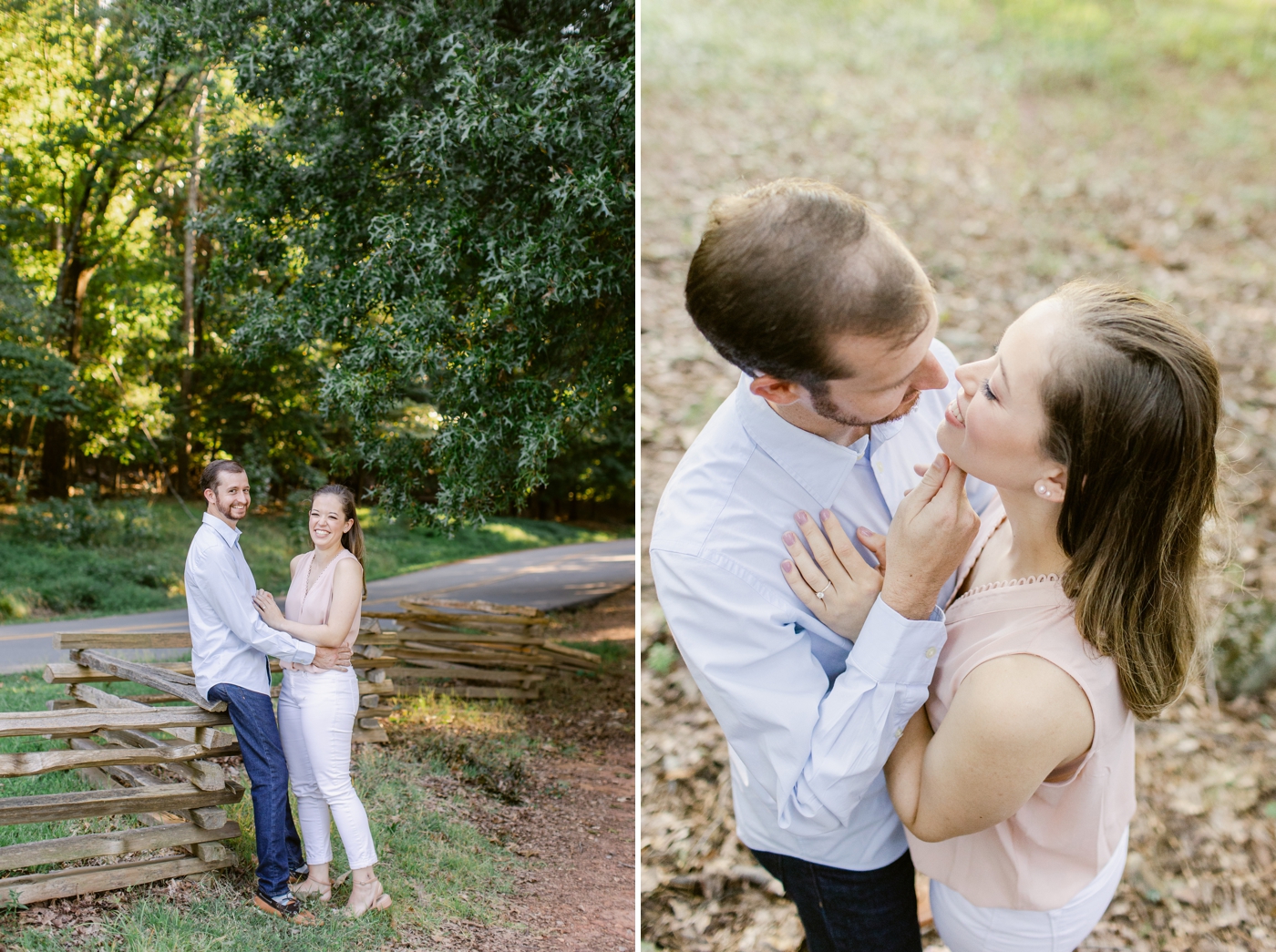 Couple embracing for their engagement session in Atlanta