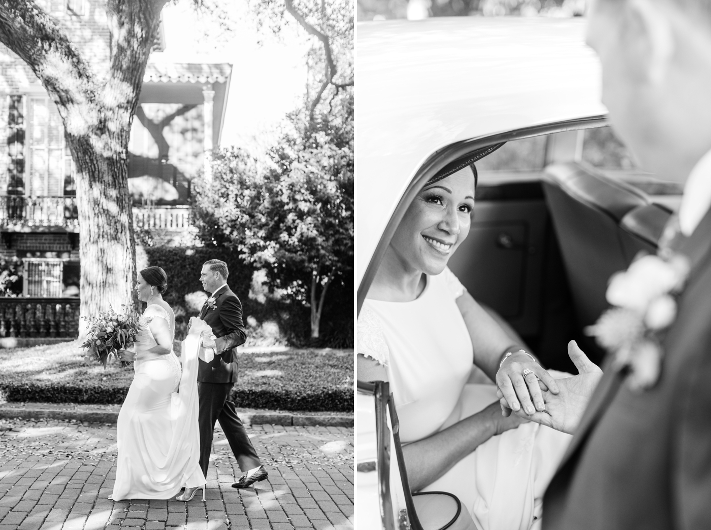 Couple getting into a classic vintage car for their Savannah wedding