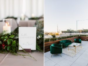 Outdoor cocktail hour at Perry Lane Hotel with rentals from Savannah Vintage & Event Rentals
