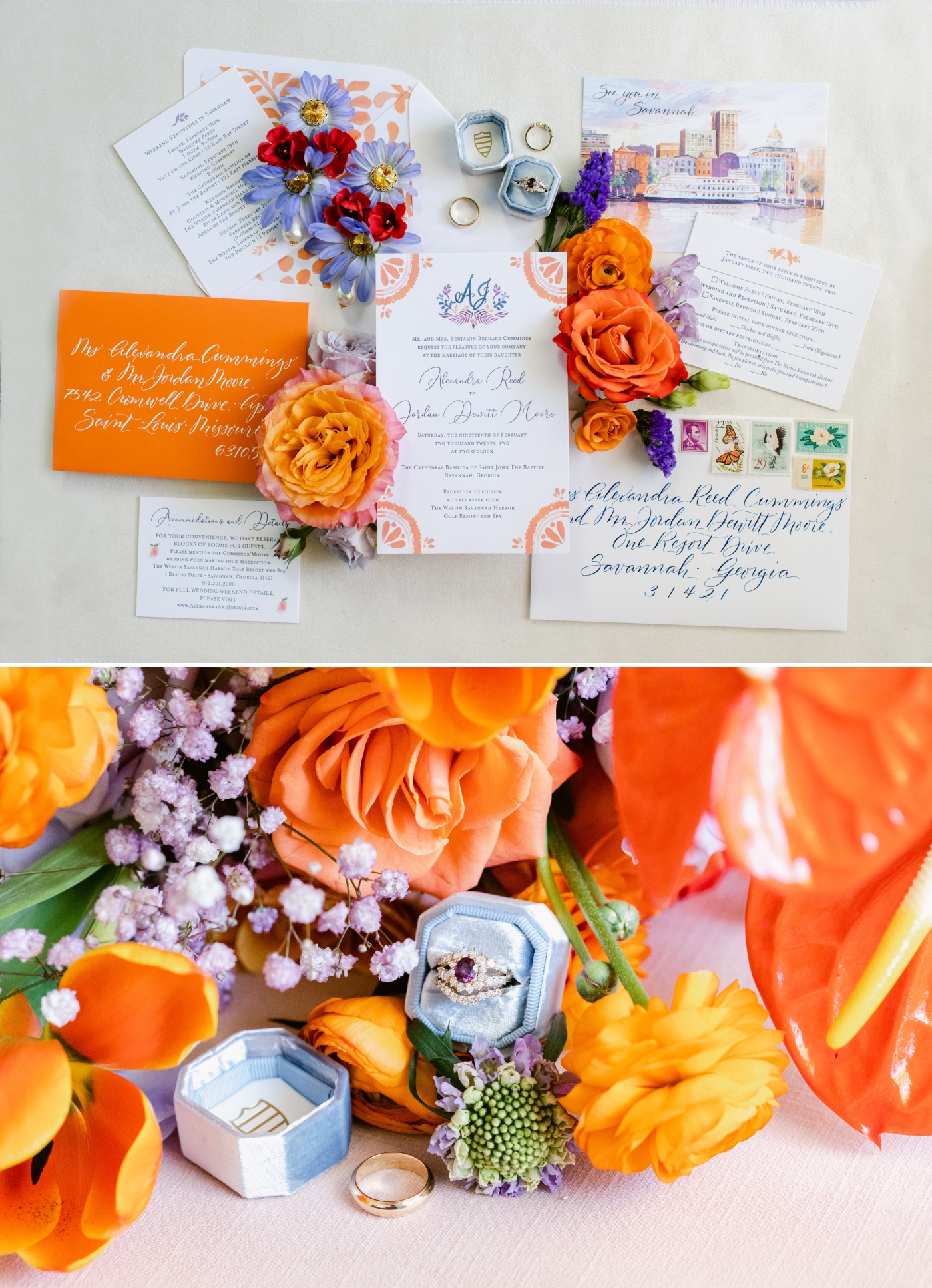 orange watercolor wedding stationery flatlay and details