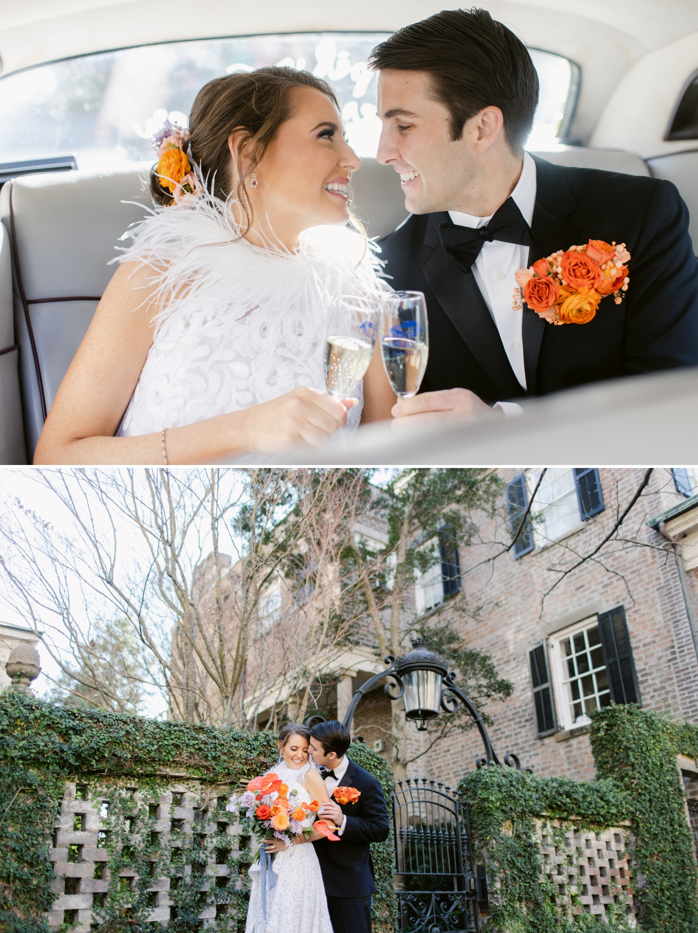 bride and groom portraits in classic car