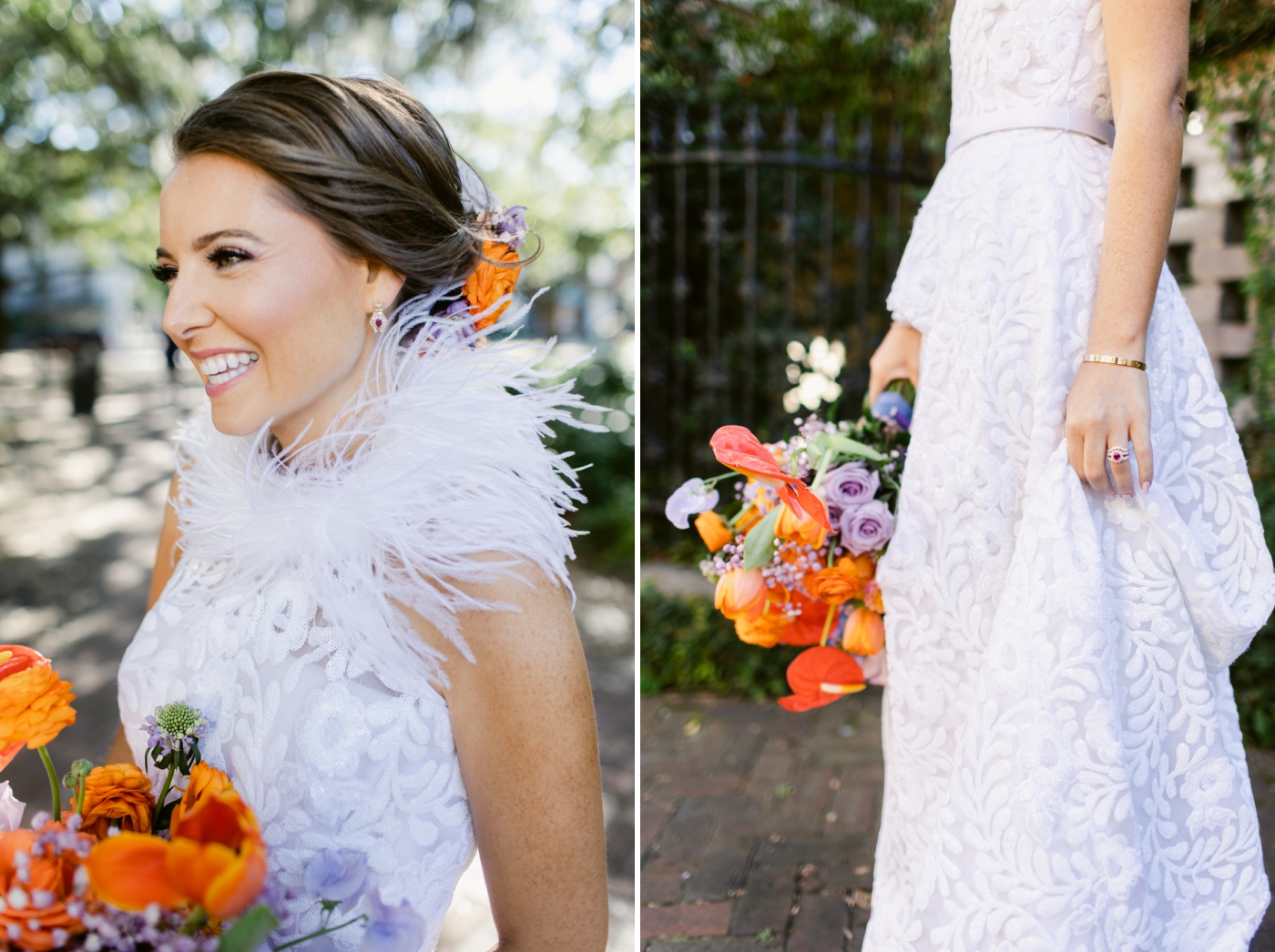 bride in custom wedding gown with orange and purple bridal bouquet