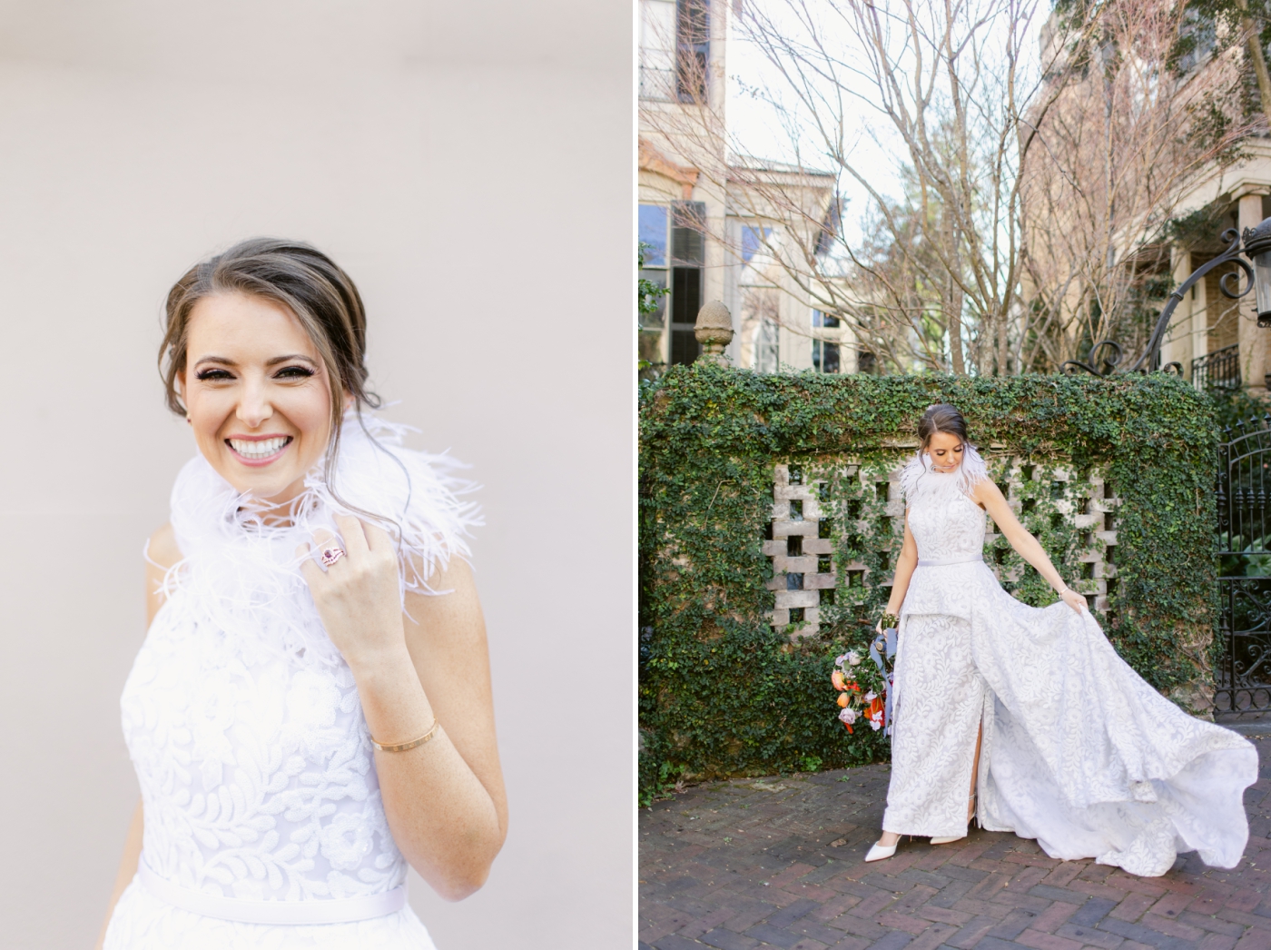 bride in custom wedding gown by Nina Raynor boutique 