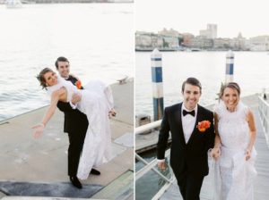 waterfront portraits of bride and groom