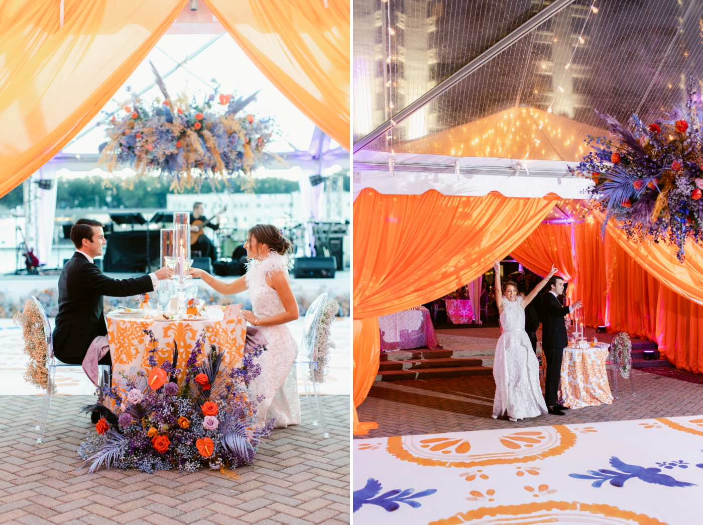 bride and groom at their colorful wedding reception at The Westin