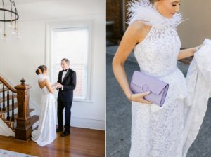 bride in custom wedding gown with purple clutch