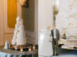 white wedding cake with cascading flowers