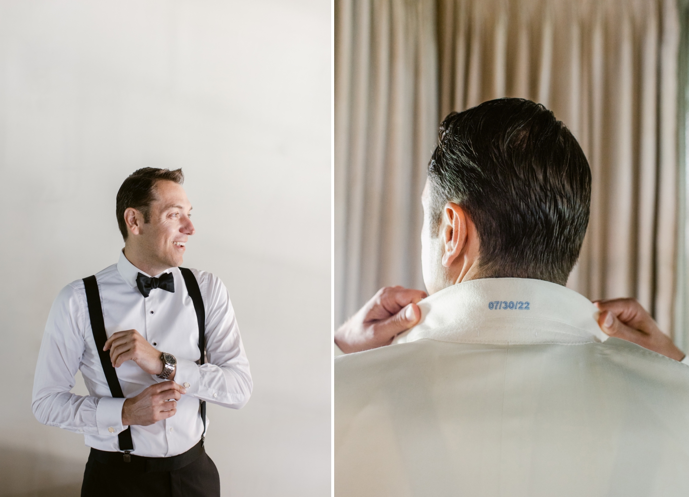 groom in white shirt and black suspenders