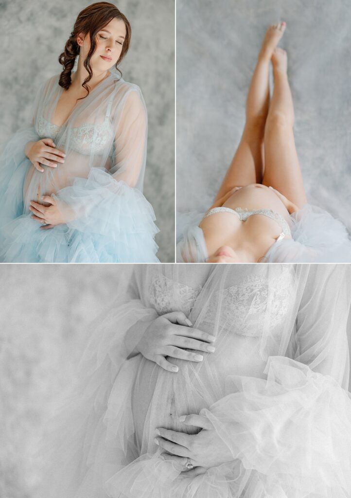 Boudoir Maternity Photography featuring a mom wearing a blue beautiful outfit