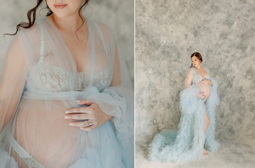 woman posing in a blue outfit captured by a Athens maternity Boudoir photographer