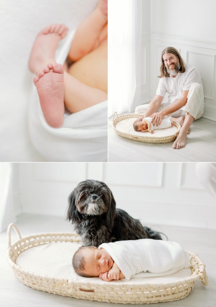 Dog and a newborn baby captured by an athens newborn photographer