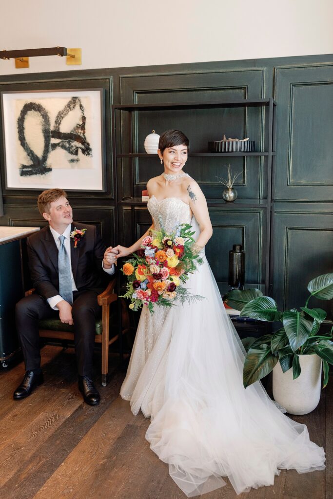 Beautiful bride and groom smiling together