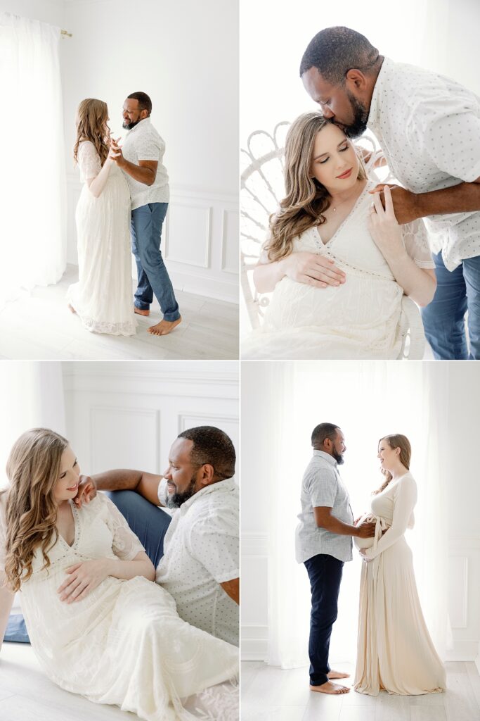 smiling and hugs from a husband and wife during a maternity shoot in Athens GA