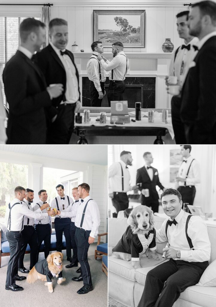 Groomsmen details including getting ready and a special dog in a wedding suit