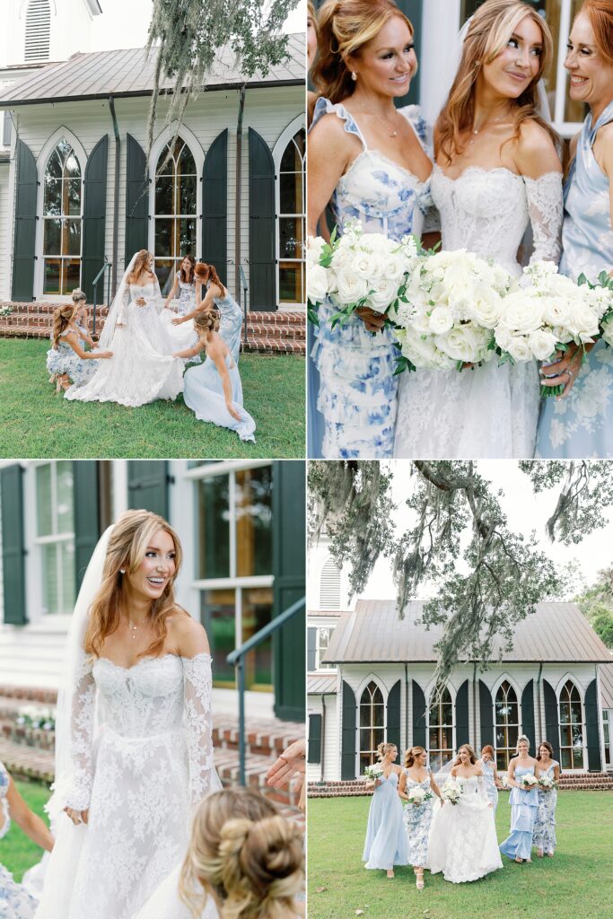 bridal party taking pictures together outside of the wedding venue