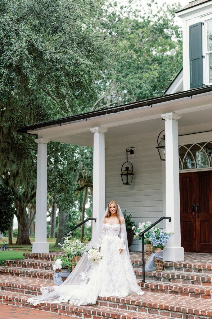 Bride smiling outside prior to her wedding