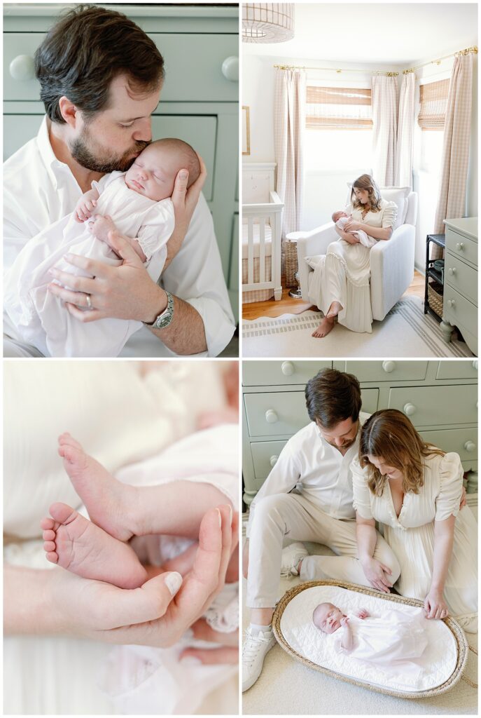 mother, father and newborn baby snuggling together in the baby's nursery