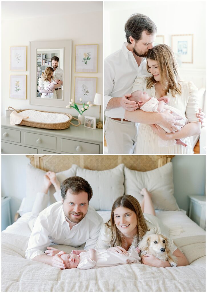 mother, father, baby and dog in a newborn session in Athens