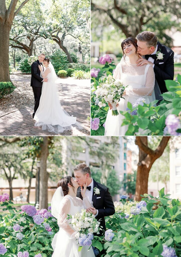 First kiss between the bride and groom during a savannah wedding